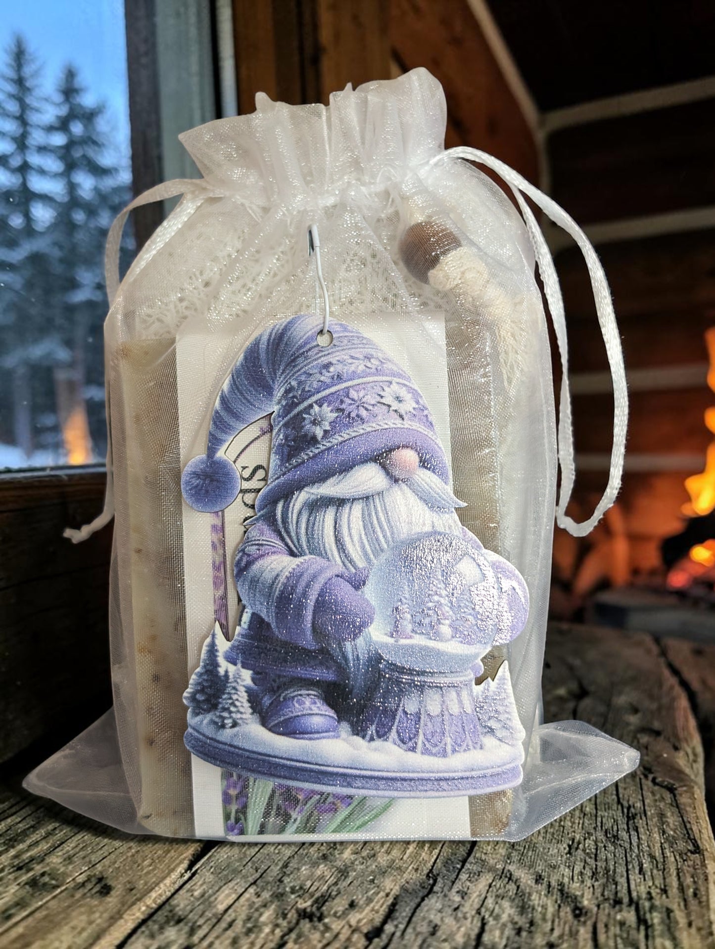 Lavender Flower Gnome with Snow Globe